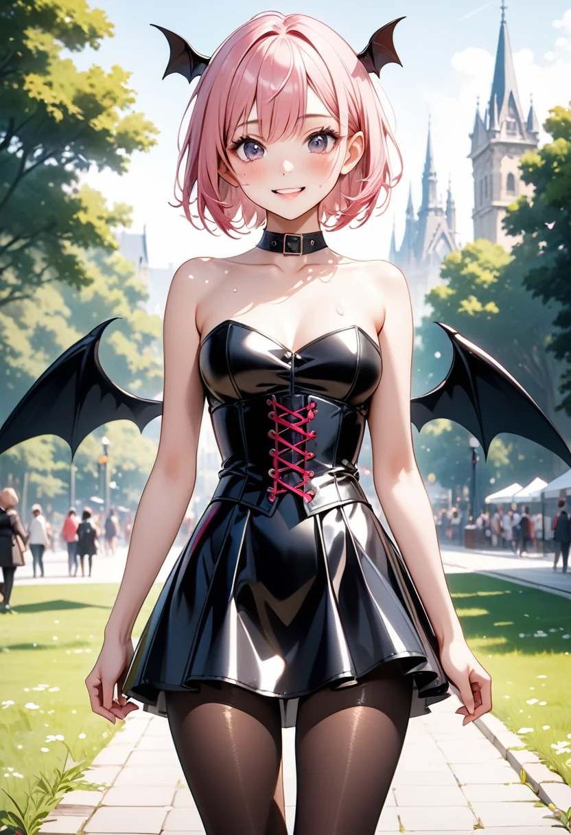 (((little devil costume), (black small Devil wings), (black thin devil tail), (latex skirt), (pantyhose), corset costume)), skinny, solo, 1 woman, Masterpiece, highest quality, highest quality, 16K, incredibly absurd, highly detailed, 2.5D, ai-generated, delicate and dynamic, very delicate facial expressions, delicate eye depiction, erotic, only sexy woman, ((A cute and kind face)), healthy figure, ((25-year-old woman)), 160cm tall, medium firm swaying bust, (short hair), (pink hair:1.5), bob cut, black eye, blush, Sweat,Embarrassed,sexy, ((thin thighs)), (Erect nipples,:0.5), shiny and lustrous, facing straight at viewer, smile, ((Oily_skin)), (standing), cowboy shot, ((arm at side)), A city park in midsummer,