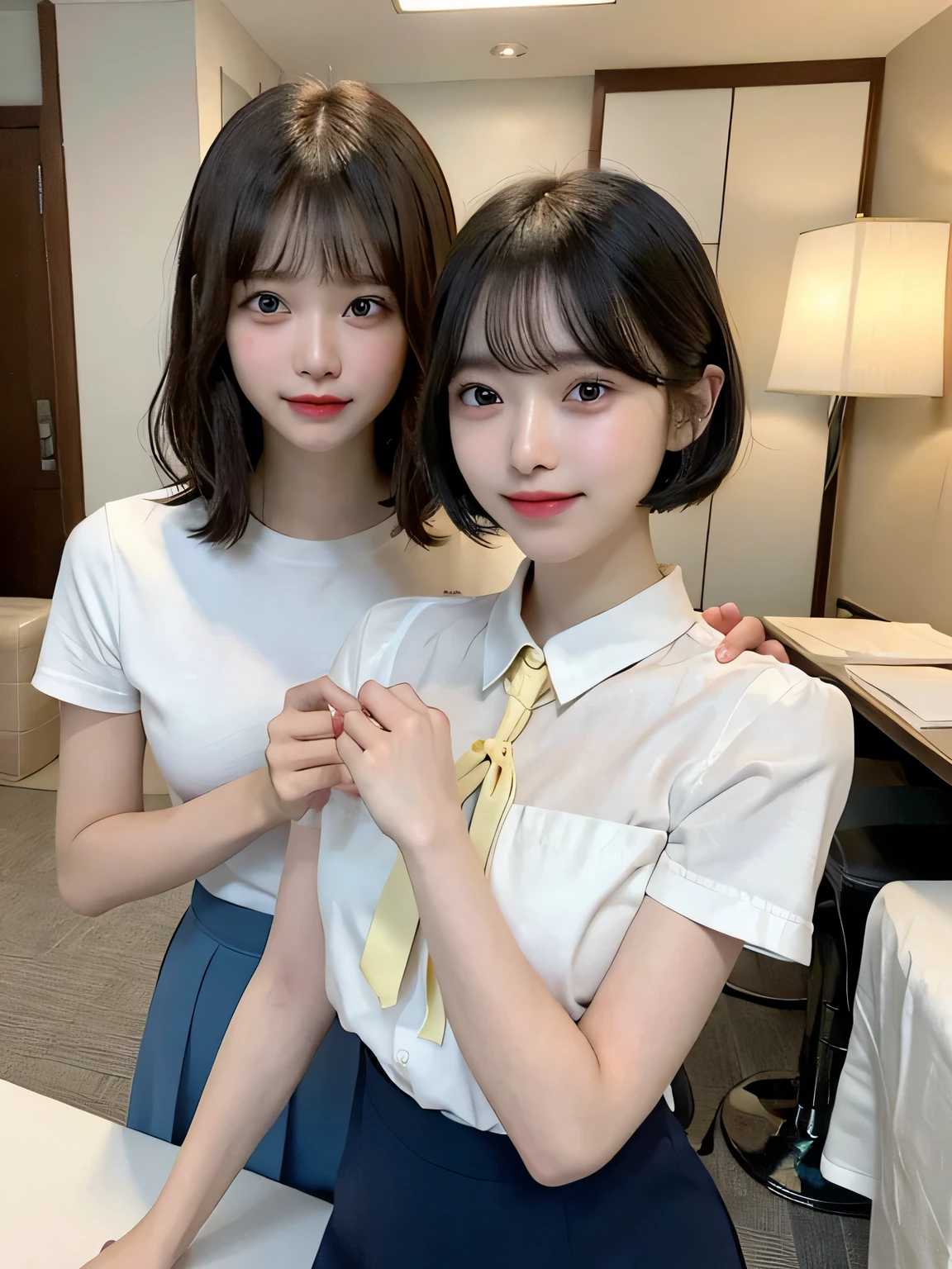 ((Two Girls)),Super cute、14 years old、Full body photo、slender、Japanese women、White drool coming out of the mouth、smile、Short Bob Cut、Fair skin、very cute、Soft and good looking、8k resolution、Surreal、Ultra-high resolution、A cup small breasts((Highest Resolution、、masterpiece:1.3))、Extremely thin face、Ultra-thin lips、Beautiful Eyes、double eyelid、Green tie、White shirt、Navy blue mini skirt、Thighs、thin、Thighsが見える、Shapely small breasts、smile、