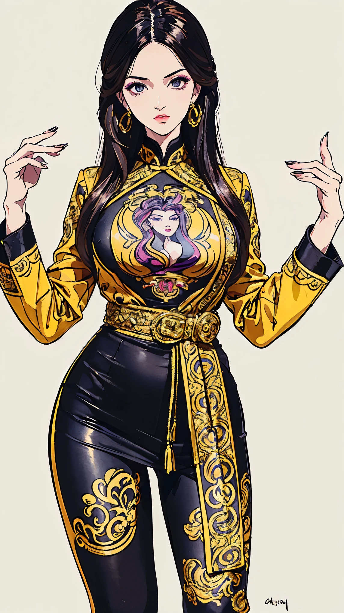 ((best quality,4k,highres,masterpiece:1.2)),((character concept art)), 1 female, age 25, Chinese Hong Kong, Hong Kong Elite, eldest sister, triad female leader, Known for her impeccable fashion sense and elegant demeanor, she is a true embodiment of the Versace brand. Her body language is as captivating as her style, always exuding confidence and high fashion. (((She's wearing an exquisite Versace Barocco-print Shirt in Silk and Barocco-print leggings, a true testament to the brand's luxurious aesthetic.))) Paired with Versace Medusa Tribute Sandals, she carries her ensemble with an air of effortless sophistication. Her accessories include a Versace Medusa Tribute Bag and a pair of Versace Tribute Sunglasses, enhancing her overall look. ((intricate detail)), super finely detailed hands, ultra finely detailed fingers(((ten fingers))), (standing still with confidently), (full body showcase), (show full body), (no logos on background), (no logo), ((plain background)), ((plain background)), (((empty background))).