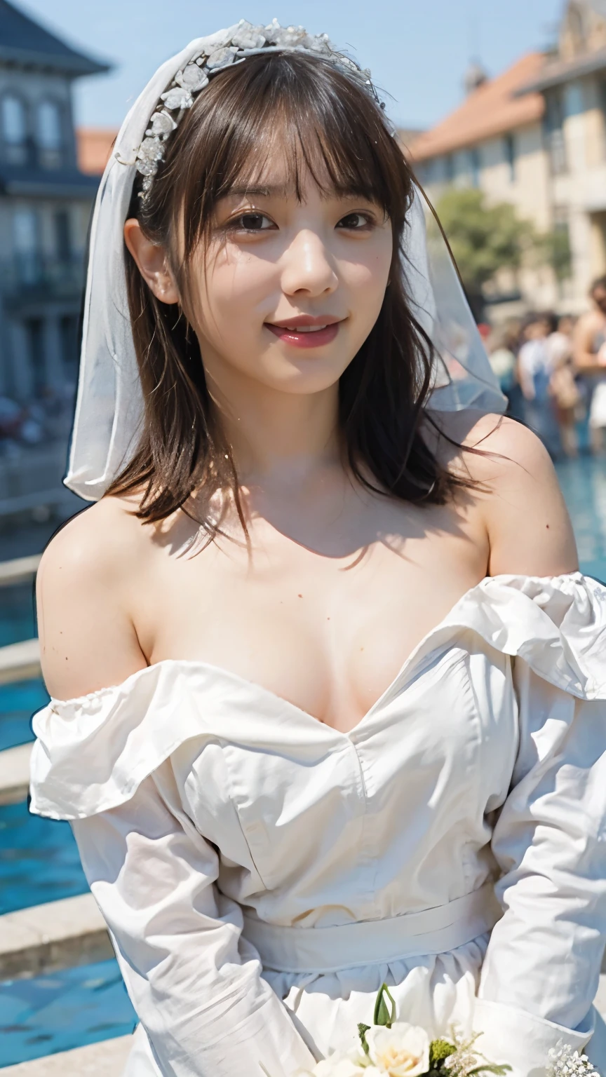 (8k、RAW Photos、Highest quality、masterpiece:1.2)、(Realistic、Realistic)、1 girl、((off-the-shoulder wedding dresses、Veil、Chapel、Short Bob、View from the front、smile、Looking at the camera 、smile、stand))、cute、Large Breasts