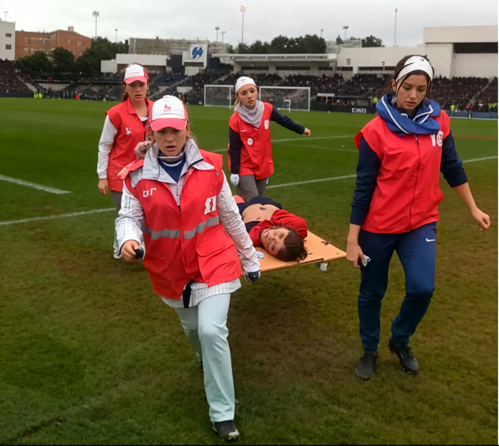 a soccer scene in a sports stadium, cool and wet weather conditions, humide ground, rainy sky, injury scene in a sports stadium, stretcher carry, there are four female medics carrying a stretcher, there are four female medics in very shiny coats who are carrying a stretcher in a sports stadium, there is a wounded male soccer player in a matte short cotton sports outfit lying on the stretcher, an injured male soccer player in matte cotton sportswear is lying in pain on a stretcher, a soccer player in matte cotton sports clothes is rearing up in intense pain while lying on a stretcher, dramatic scene, theatralic posing scene, dramatic pity scene, injury soccer, first aid, help, pity, there are four female medics in wetlook high-shine coats who are looking very sad and very terrified and very shocked, the injured soccer player is screaming out in pain while he is carried from the pitch on a stretcher