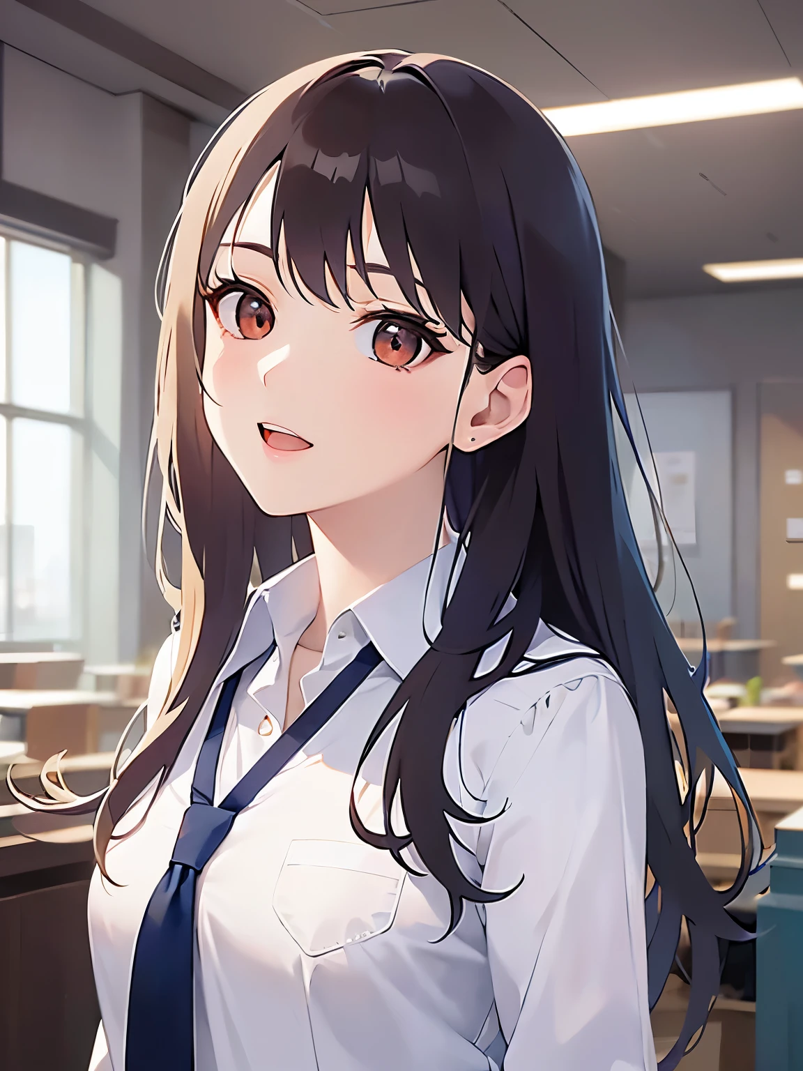  looking up, Upper Body, Realistic, real person, (pale skin: 1.2), RAW photo, photorealistic, shiny skin, shiny hair、(A 25-year-old woman with medium-length hair and bangs) and (wavy hair) and (brown hair) and (orange eyes) , (business suit:1.5) and (white collared shirt) 、smile, open mouth, The background is the office interior.、Alone、Are standing