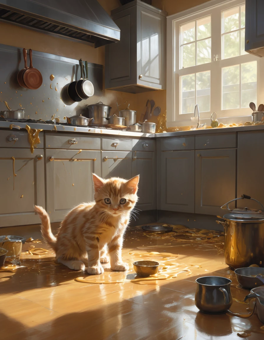 a kitten making a mess in a kitchen digital painting, artstation, concept art, donato giancola, Joseph Christian Leyendecker, WLOP, Boris Vallejo, Breathtaking, 8k resolution, extremely detailed, beautiful, establishing shot, artistic, hyperrealistic, octane render, cinematic lighting, dramatic lighting, masterpiece, light brazen