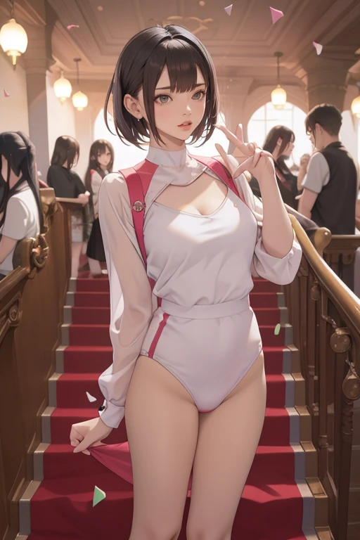 Highest quality, Official Art, masterpiece, Fabric Shading, High resolution, Very detailed, colorful, Best details, Fantasy, suit, Song Joo A:1.5, 1 female, Age 25, Standing on the stairs,Pub with castle view, Many Stars々Shining night,short hair, bob cut, black hair, wavy hair, {Surrounded by a lot of people:1.9}, Confetti falling、Blessed、Welcomed:1.5, whole body:1.6