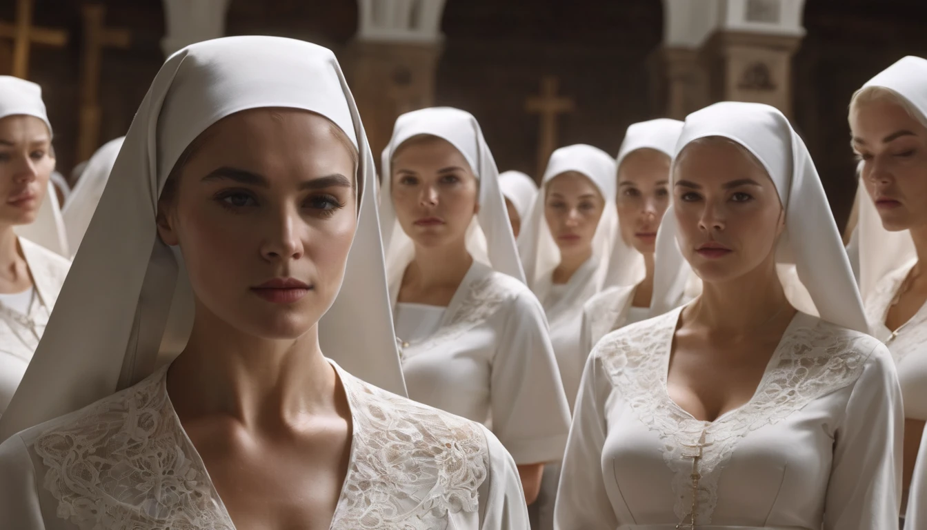 ((best quality)), ((masterpiece)), (detail), crowd of beautiful church nun women inside church, women wearing white lace bra panties, women standing in a tight line, inside church, highly detailed, high quality, cinematic lighting, photorealistic, 8k, masterpiece