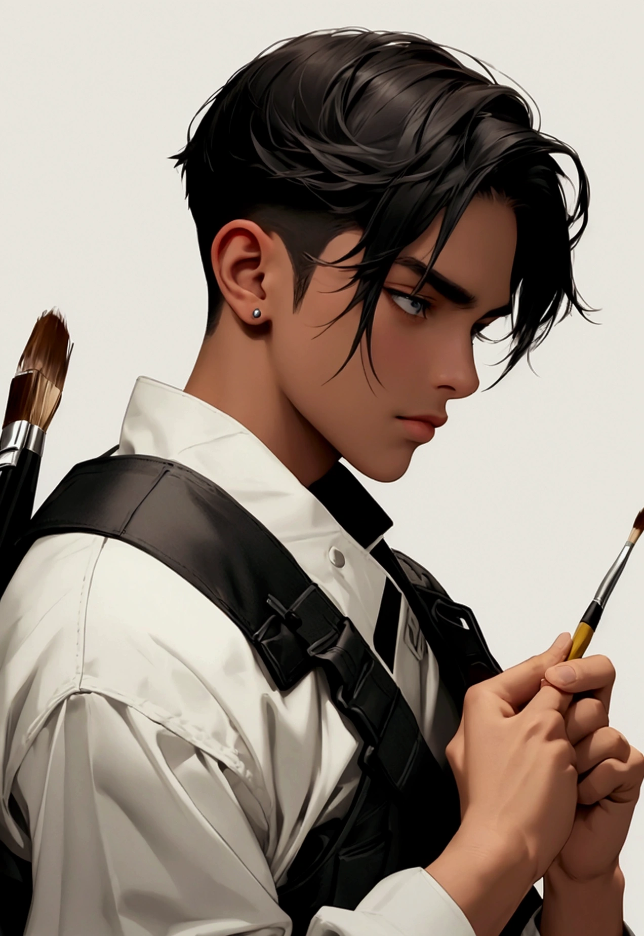 modern soldier holding paint brush, correctly drawn hands,