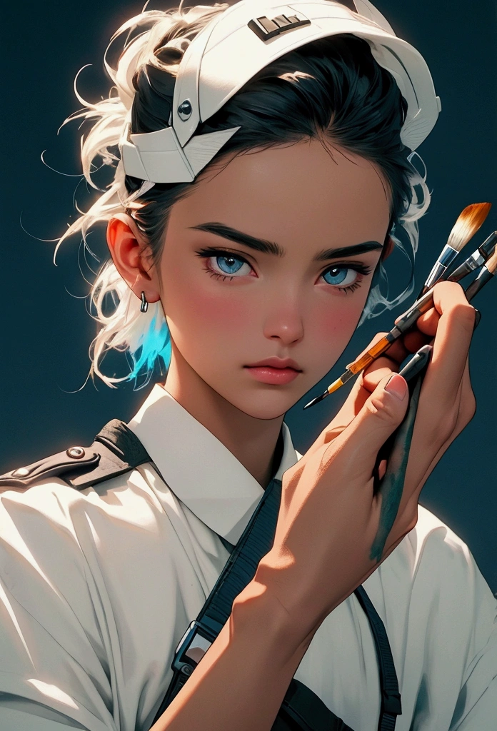 modern soldier holding paint brush, correctly drawn hands,