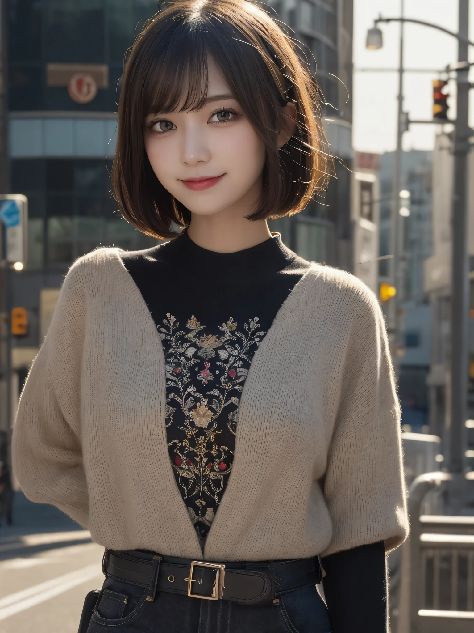 masterpiece, best quality, illustration, ultra-detailed, finely detailed, high resolution, 8K wallpaper, perfect dynamic composition, beautiful detailed eyes, Shibuya, edgy fashion, short hair, fierce expression, cute, smile, looking at camera