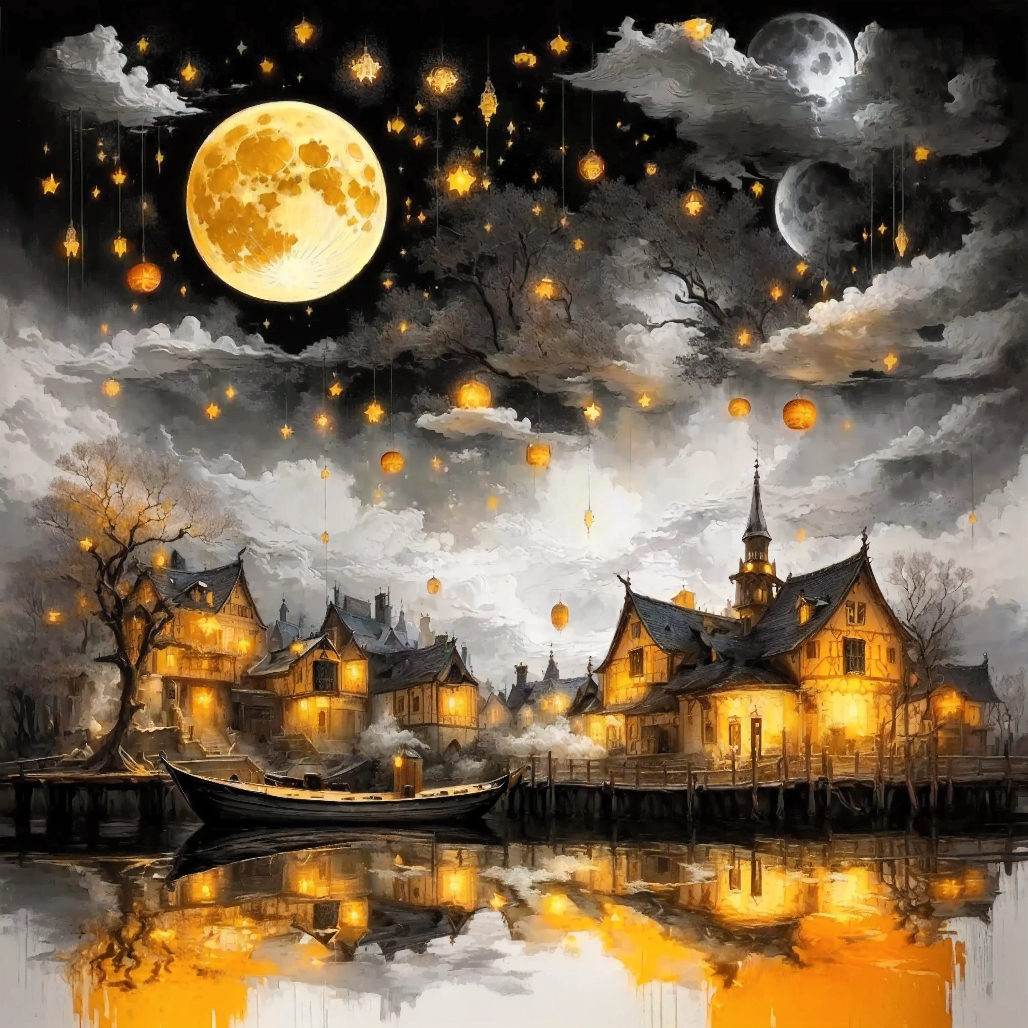 a painting of a boat floating in a lake with a full moon, baroque painting. star lit sky, nightime village background, stary night painting, magical village, autumn night, moonlit night dreamy atmosphere, calm night. digital illustration, dream scenery art, beautiful moonlight night, magic fantasy highly detailed, dark but detailed digital art, the glow of the moonlight