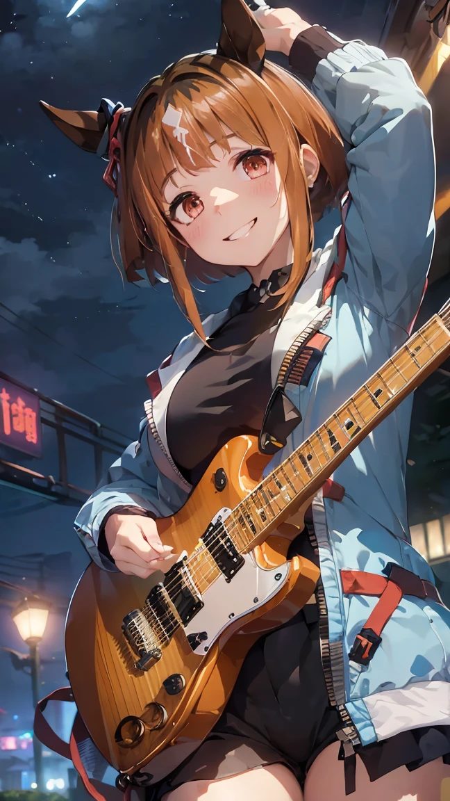 masterpiece, Highest quality, High resolution, Very detailed,(((Transcend))), (((I have an electric guitar。)))、(((night)))、(((smile)))、sunny, Horse ears, 