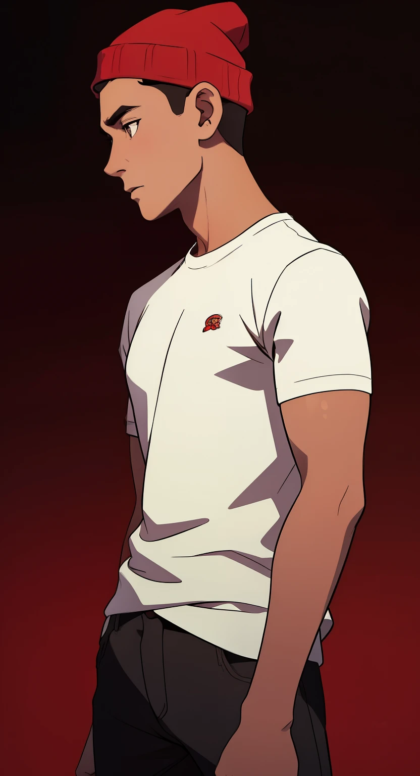 masterpiece, best quality, 1 guy, the highest image quality, profile view, 21-year-old indian man, looks like Tom Hiddleston, brown hair, brown eyes, brown skin, wearing a red beanie, dark t-shirt and dark jeans, White background, empty background, t0mh1