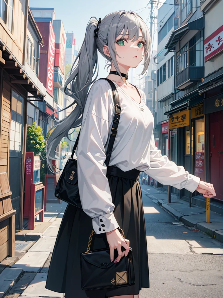 masterpiece , Highest quality,Nahida(Genshin Impact), One girl , White shirt:1.5 ,Side Ponytail ,Gray Hair ,Multicolored Hair, Green Eyes,Casual clothing , Have , Black choker, bag , Green Hair,Busy roads , City life 