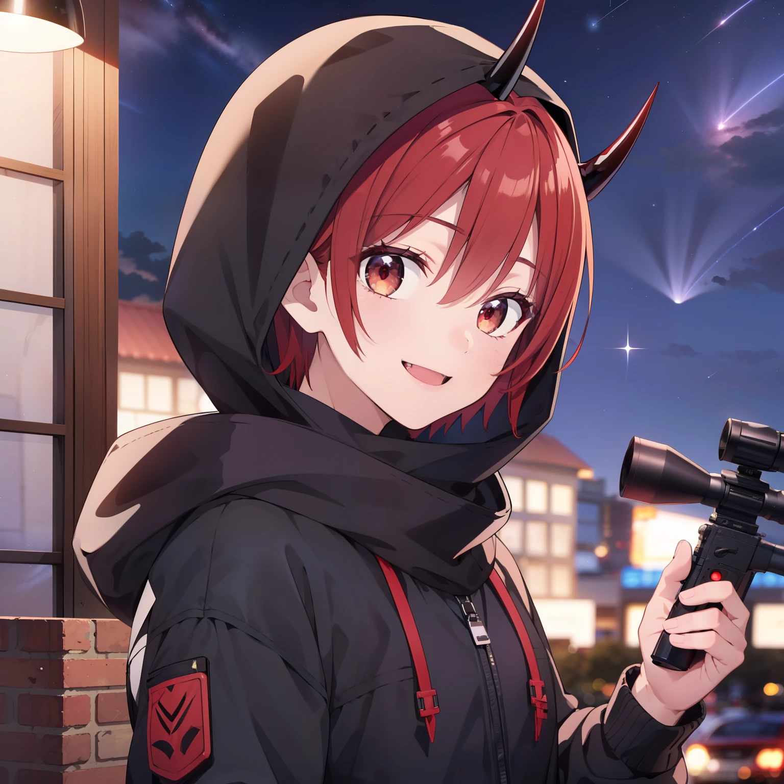 (Highest quality), (masterpiece), 1080P, High resolution, 4K, 8k, boy, Red hair, Red Eye, short hair, devil, black Parker, Focus on the face, Lock, Night Sky, Starry Sky, shooting star, Get Ready, sniper rifle, smile, scarf, devil horns, hood up