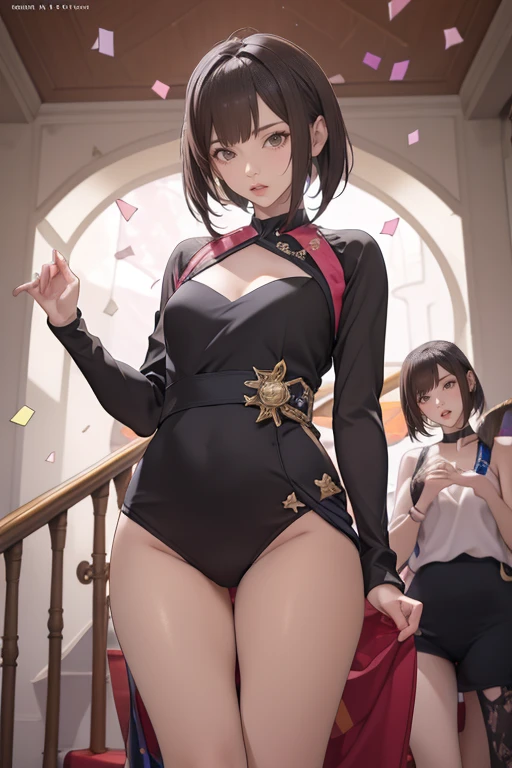 Highest quality, Official Art, masterpiece, Fabric Shading, High resolution, Very detailed, colorful, Best details, Fantasy, suit, Song Joo A:1.5, 1 female, Age 25, Standing on the stairs,Pub with castle view, Many Stars々Shining night,short hair, bob cut, black hair, wavy hair, {Surrounded by a lot of people:1.9}, Confetti falling、Blessed、Welcomed:1.5, whole body:1.6