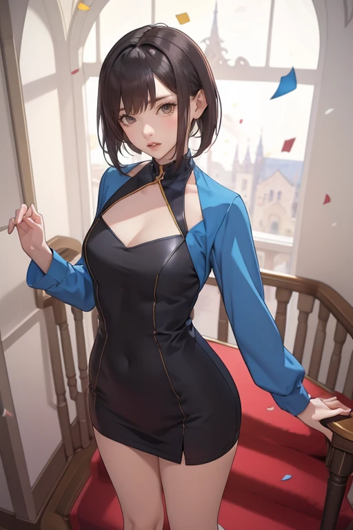 Highest quality, Official Art, masterpiece, Fabric Shading, High resolution, Very detailed, colorful, Best details, Fantasy, suit, Song Joo A:1.5, 1 female, Age 25, Standing on the stairs,Pub with castle view, Many Stars々Shining night,short hair, bob cut, black hair, wavy hair, {Surrounded by a lot of people:1.9}, Confetti falling、Blessed、Welcomed:1.5, whole body:1.6