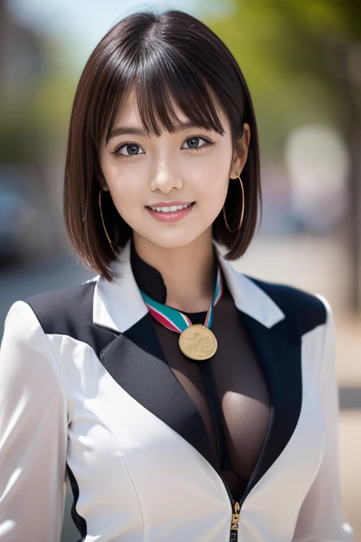 masterpiece)、(Highest quality:1.5)、(Photorealistic:1.2)、(Surreal), (High resolution), (Realistic), (Post-processing),(Sharp focus), Sharp focus:1.2,Backlight, (Improvement of quality:1.4), (Narrow waist)、((Perfectly detailed five-fingered hands)),(Anatomically correct body)、((1 female:1.4))、Japanese、Realistic Skin、(Small chest:1.4)、Bust size is A cup、A pretty woman with a slender figure:1.4,(from the front:1.5), (Enhances the beauty of skin texture:1.1),No makeup、美しいBlack Hair、smile、Natural color lip、(Small Mouth:1.4)、The mouth is not open、Thick lips、(Oval Face)、Even bangs、Hide eyebrows with bangs、((33-year-old woman))、Bob Hair、Hair blowing in the wind, (Black Hair, Iris, Watery eyes, Shining Eyes, Bob cut hair,), Hair behind the ear、No makeup、(Drooping eyes)、(((One lovely woman)),((優しい大きなsmile)),(( Small breasts,Small breastsの谷間)),((((Plump Cheeks)))),very cute,(Baby Face),Raccoon face,Wear a white sports winter jersey suit、Arena、Hair is wet、((whole body))、Stand on tiptoes、Put a gold medal around your neck and bite it、((The national flag is the Hinomaru))、