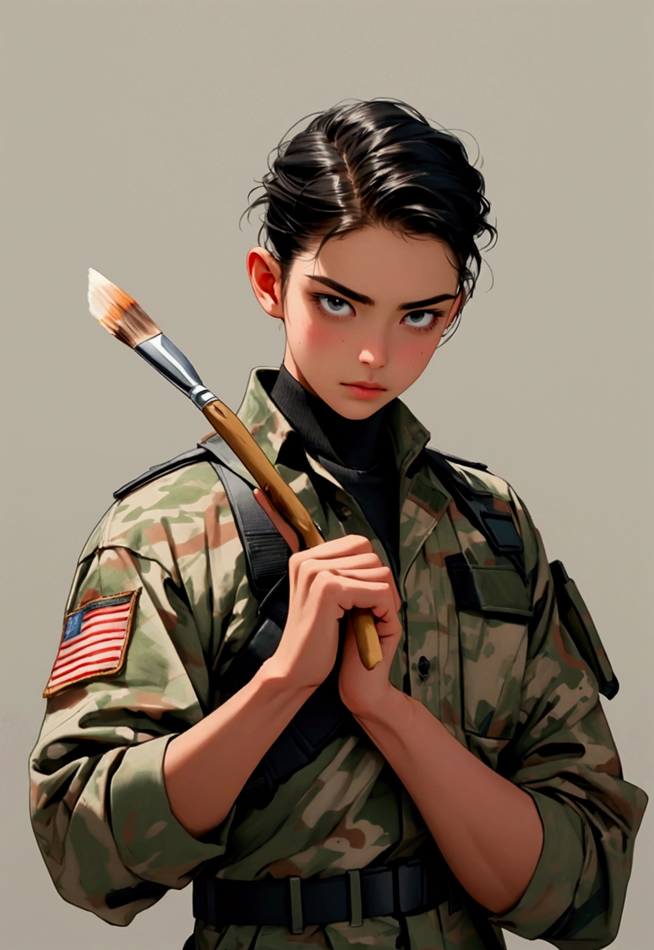 modern soldier holding paint brush, correctly drawn hands,