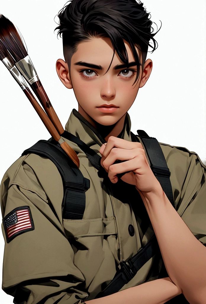 modern soldier holding paint brush, correctly drawn hands, 