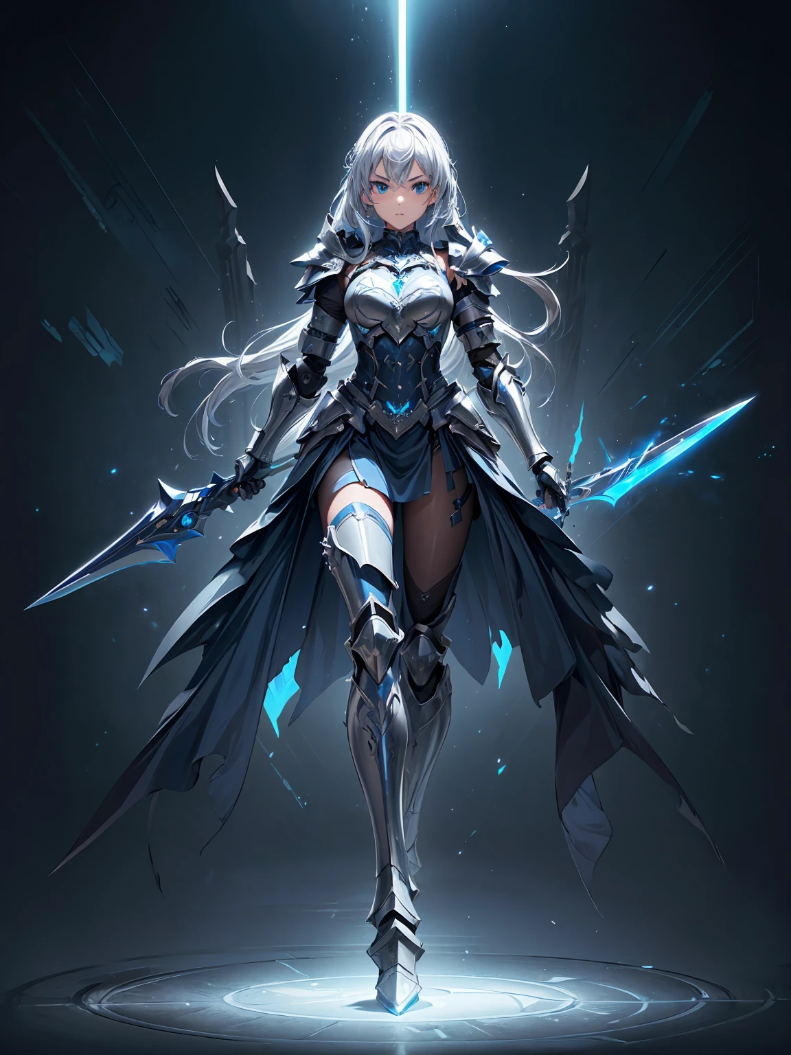 (((masterpiece, best quality, 8k))) Design a layout showcase Gaming character, (1girl),((perfect face, high detailed face)). Silver+Blue clothes, elegant and futuristic, ((showcase weapon:1.4)), energy sword, (masterpiece:1.2), (best quality), 4k, ultra-detailed, (Step by step design, layout art:1.5), (glowing effects, ambient lighting), warrior, ((gauntlets)), (((revealing armor:1.3))), greaves, armored boots, (((full_body_shot:1.4)))