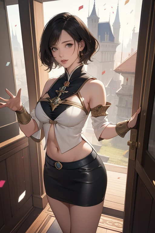 Highest quality, Official Art, masterpiece, Fabric Shading, High resolution, Very detailed, colorful, Best details, Fantasy, suit, Song Joo A:1.5, 1 female, Age 25, Standing on the stairs,Pub with castle view, Many Stars々Shining night,short hair, bob cut, black hair, wavy hair, {Surrounded by a lot of people:1.9}, Confetti falling、Blessed、Welcomed:1.5, whole body:1.6