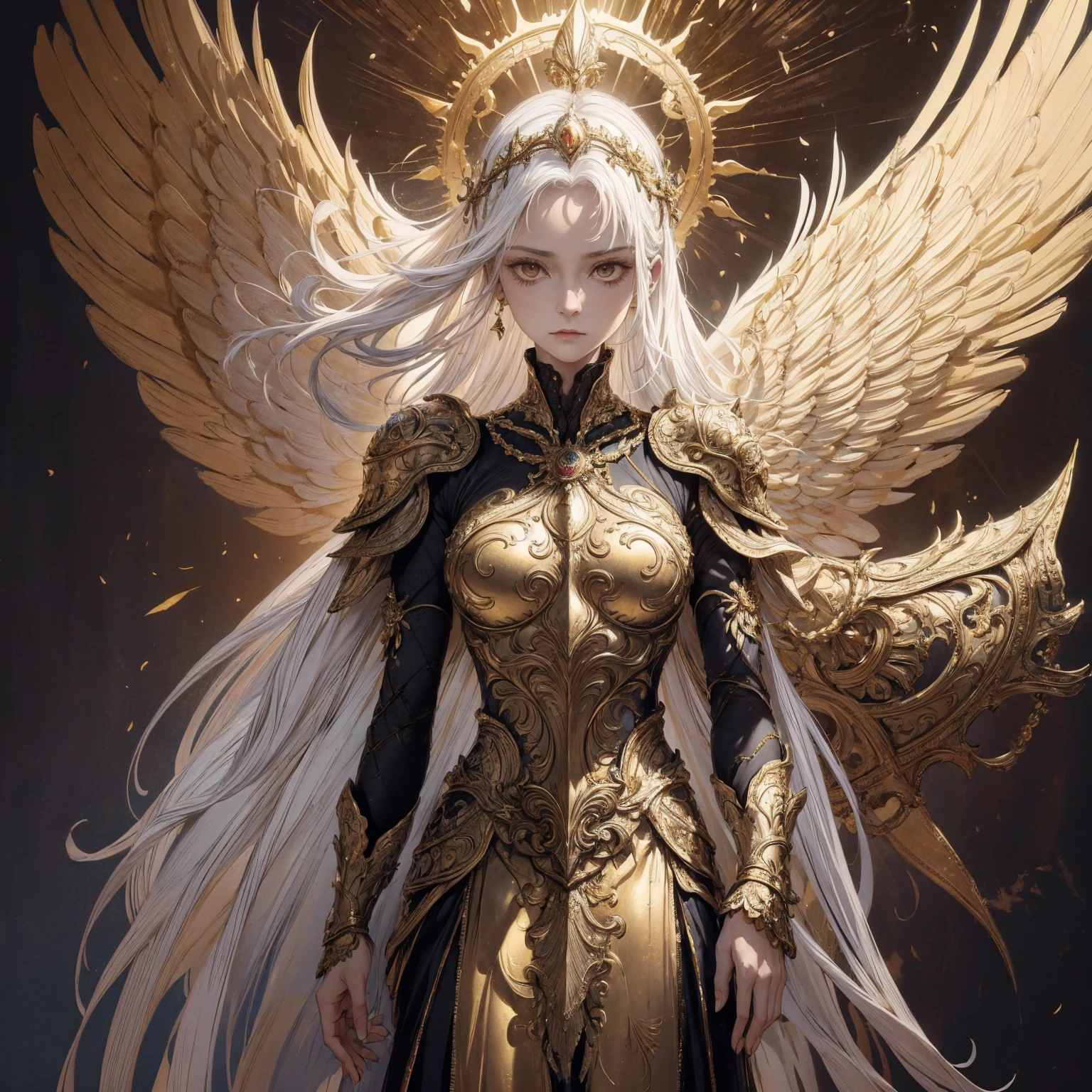 Art of elderly mature woman wearing sun crown, Wearing ornate golden breastplate that shows a small amount of skin above the chest, A pair of armored angelic wings spreading out behind the woman and the wings have extremely long size feather that even taller than the woman's body, Ancient goddess art, Sacredness. Very detailed, Mysterious inspiration, Inspiration from the Sun God, Religious inspiration, Cold and snobbish face, No smile, Dangerous impersonal expressions, White hair, Standing, Full body portrait, Gothic art style, Weird art style, Occult art