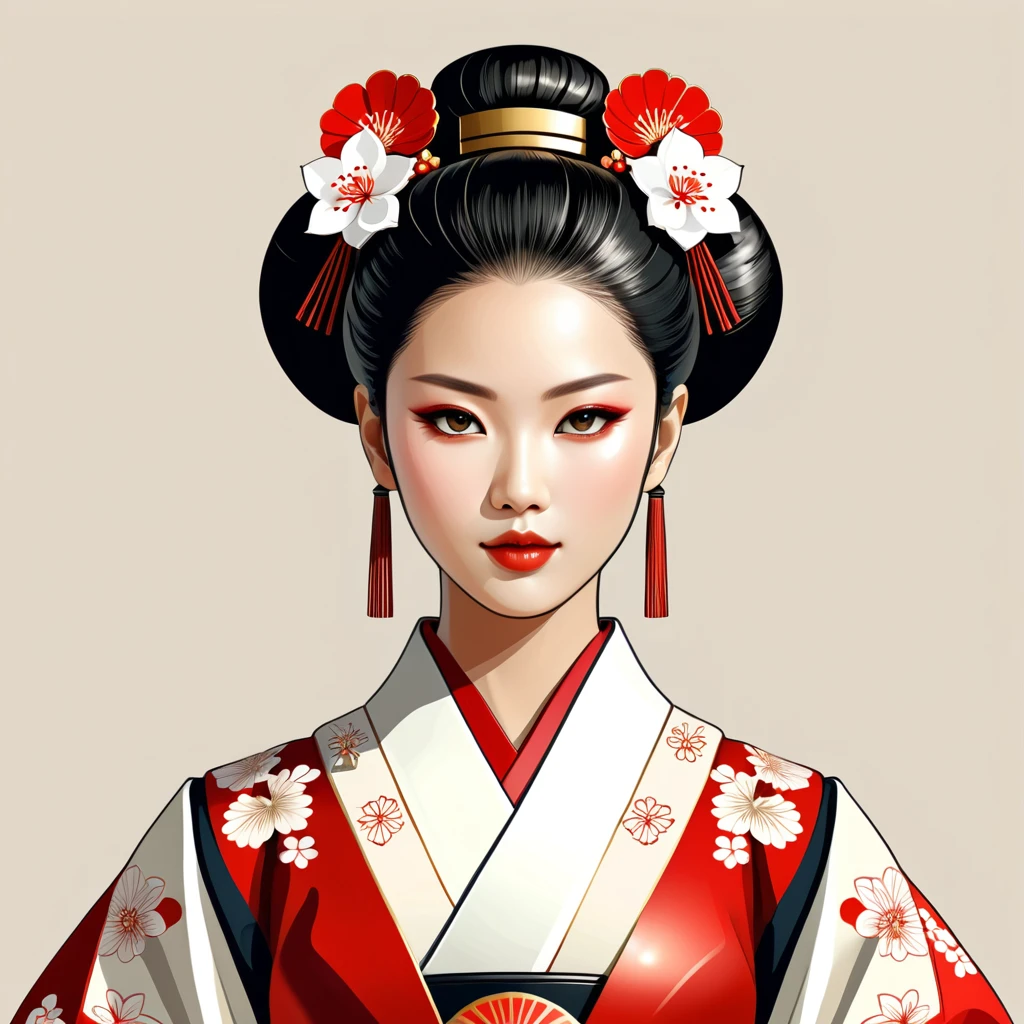 female android in japanese folk outfit ,vector graphics, strong contours, logo design