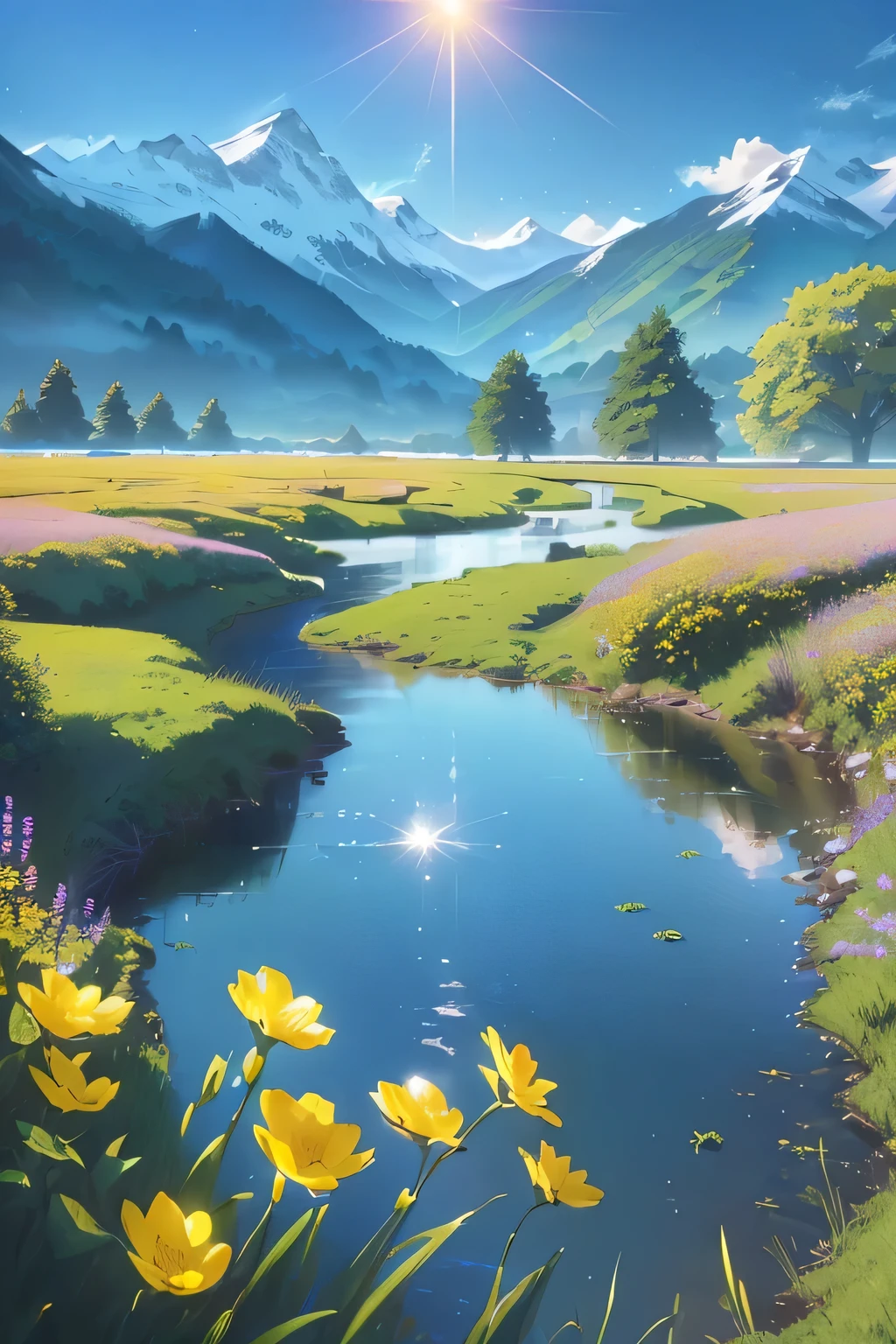 there is a stream running through a field with yellow flowers, beautiful art uhd 4 k, detailed scenery —width 672, 8k high quality detailed art, 4k highly detailed digital art, detailed painting 4 k, anime countryside landscape, anime nature, anime landscape wallpaper, amazing wallpaper, 4k detailed digital art, peaceful landscape, anime beautiful peace scene