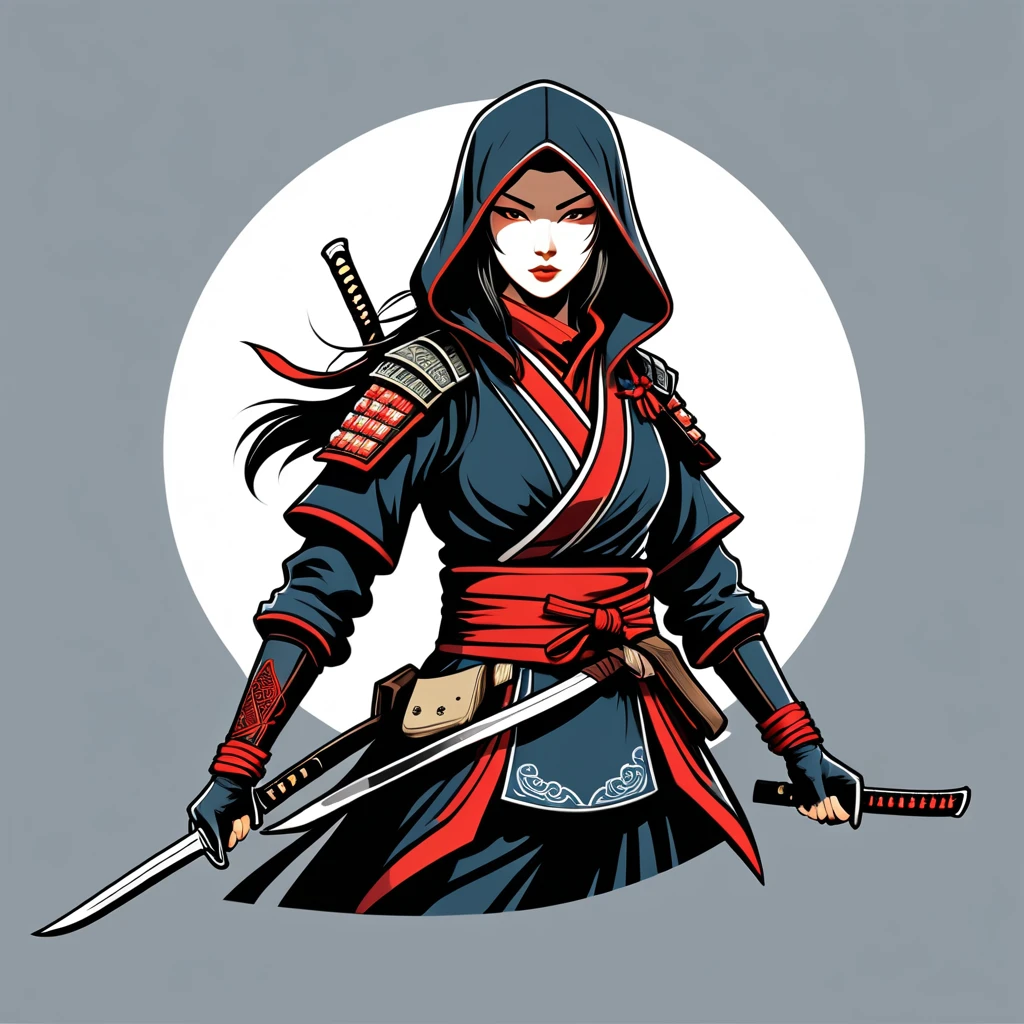 female	assassin	in japanese folk outfit	,vector graphics, strong contours, logo design																						