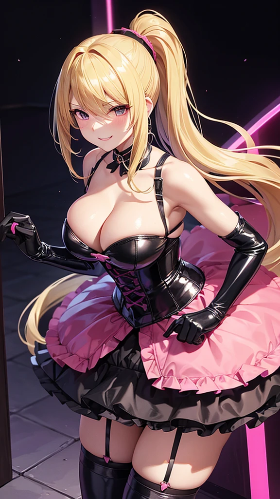 Erotic、Samus、Blonde ponytail、Big Breasts、Tight waist、Gothic ta、Pink and black latex dress Pink line、adult、Married Woman、Evil female executive、tall、sexy、Wicked Smile、lure、Alluring、excited、Pitch black background、Dark bedroom at night、garter belt、stockings