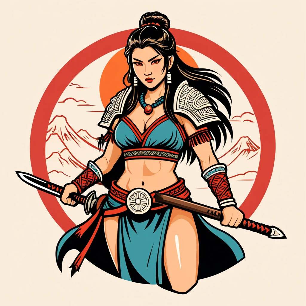 female barbarian in japanese folk outfit ,vector graphics, strong contours, logo design