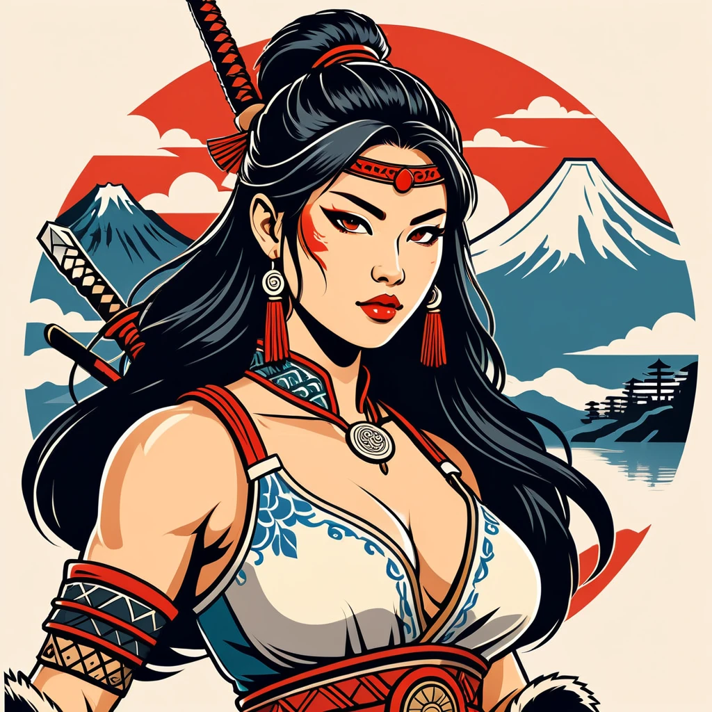 female barbarian in japanese folk outfit ,vector graphics, strong contours, logo design