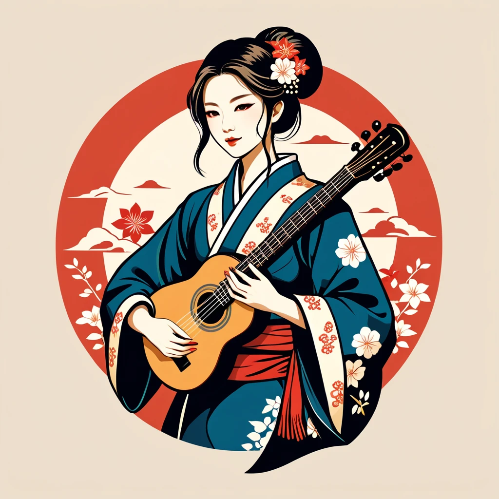 female bard in japanese folk outfit ,vector graphics, strong contours, logo design