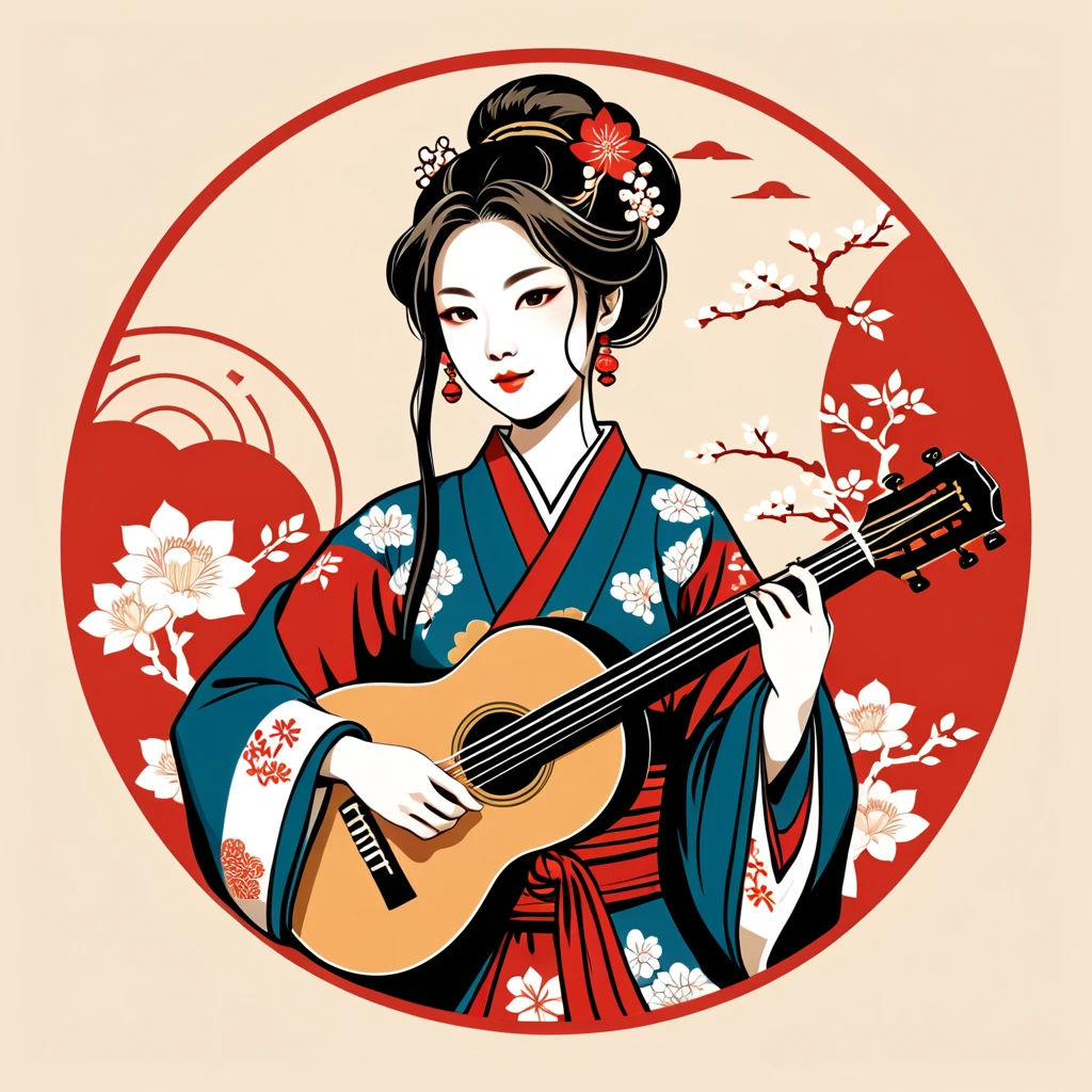 female bard in japanese folk outfit ,vector graphics, strong contours, logo design