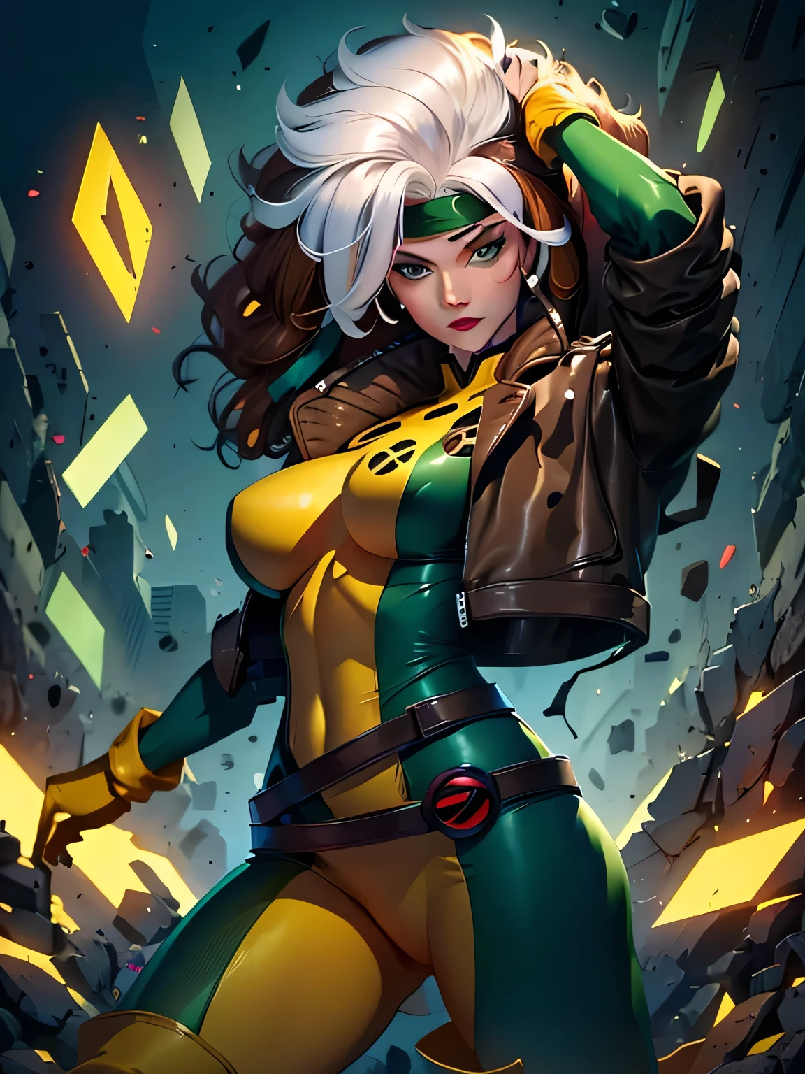 (Highly quality, masterpiece, detailed), night city detailed scenario, night city detailed background, 20 years old girl, solo, multi colored hair, white hair, brown hair, Superhero, Rogue, Xtreme, blue eyes, jacket, open clothes, belt, open jacket, headband, cropped legs, leather, leather jacket, green pants, yellow pants, yellow leather top, green leather top, crop top, navel, perfect face, beautiful eyes, perfect eyes, looking at the viewer, Sexy pose
