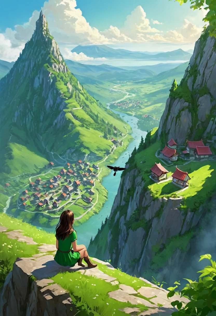 there is a town on the mountain and below too, and they have enmity, hypogryphs fly around the mountain, the area is very green and a girl sits on the edge of the mountain