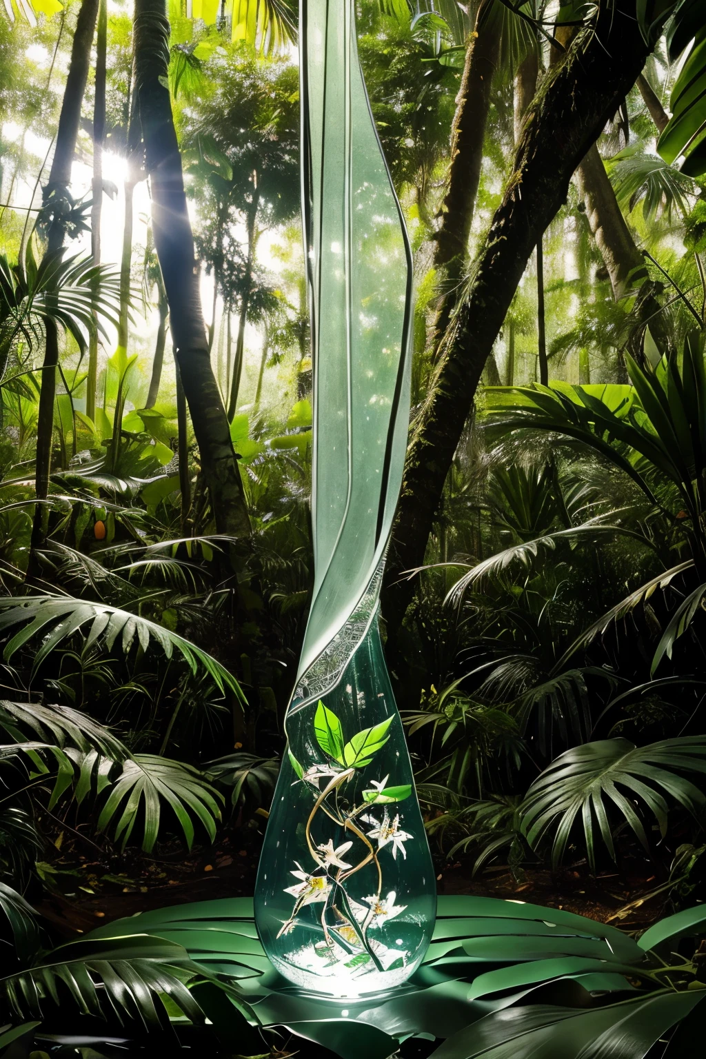 Generate an image of a  jungle where every leaf, every flower, and every blade of grass is made of delicate, sparkling glass. The trees' trunks and branches are crafted from thick, translucent glass, their intricate patterns and textures visible beneath the surface. Glass vines and tendrils curl around the trunks, supporting glass orchids and glass birds that seem to flit and flutter in the breeze.

Glass animals roam the forest floor, their delicate legs and paws made from thin, fragile glass. A glass snake slithers through the underbrush, its body glinting in the sunlight. A glass monkey swings from a glass tree, its tail a delicate, curved thread of glass.

The jungle floor itself is made of glass, with smooth, flat sheets of glass stretching as far as the eye can see. Glass rocks and glass boulders dot the landscape, their surfaces etched with delicate, swirling patterns.

Everywhere, the jungle is filled with the soft, musical sound of glass chimes and the gentle, tinkling sound of glass leaves rustling in the breeze. It's a jungle of breathtaking beauty, where everything is made of glass.