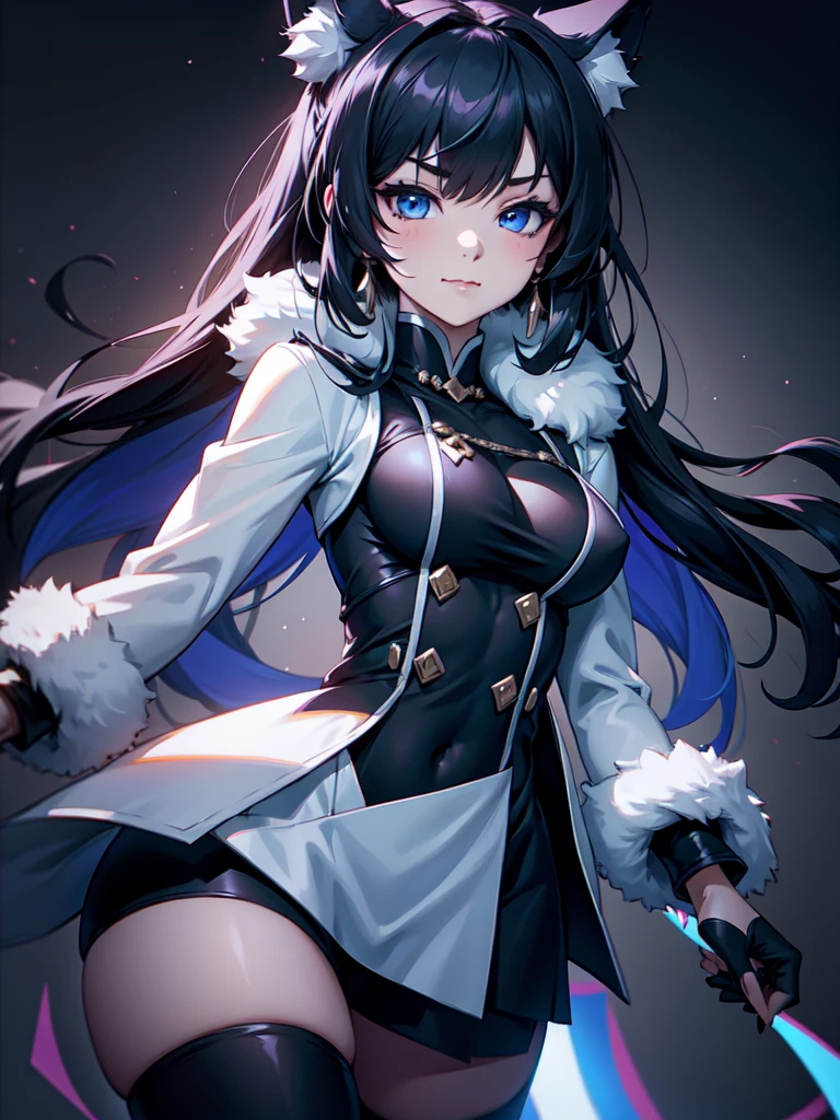(((Portrait Photo))), She has the Appearance of a Regal ager, with a Strong, Muscular Build that Radiates Elegance. She has Long Black Hair, Styled in Odango-Shaped Buns with Thin Pigtails, which Resemble Wolf Ears. Her Icy Blue Eyes Reflect the Piercing Gaze of a Husky—Intense, Intelligent, and Unyielding. Her Expression is Calm and Composed, with a Subtle, Knowing Smirk, Perfectly Embodying the Essence of Pride and Excellence. (((High Quality, Dark Background))), (((Portrait Photo)))