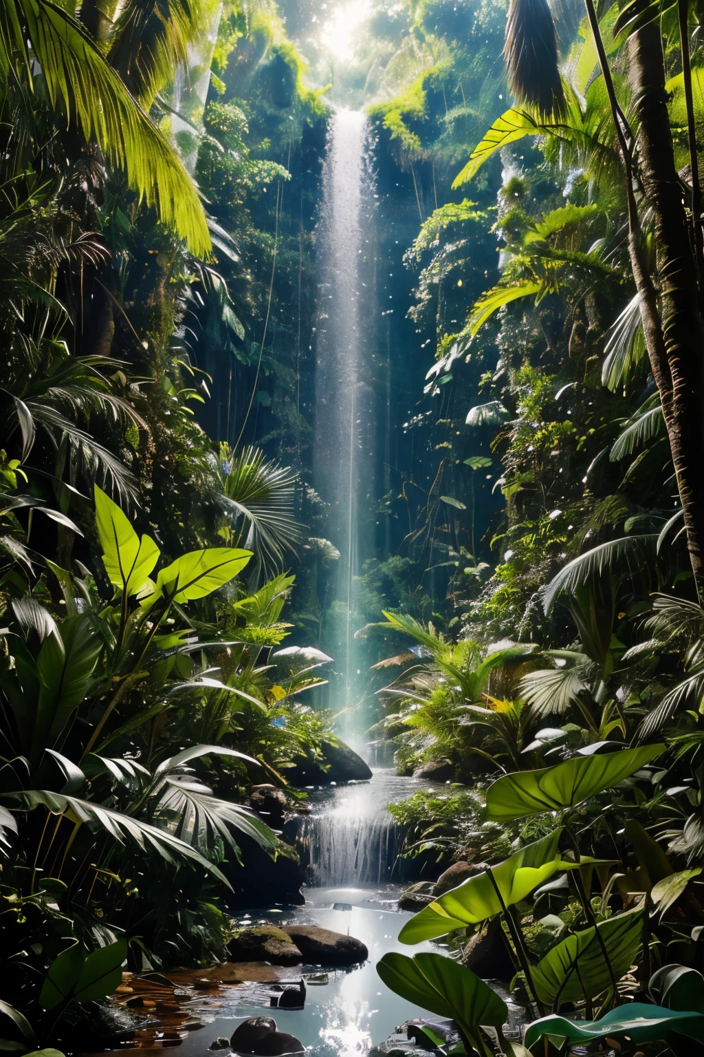 Generate an image of a jungle where every leaf, every flower, and every blade of grass is made of delicate, sparkling glass. The trees' trunks and branches are crafted from thick, translucent glass, their intricate patterns and textures visible beneath the surface. Glass vines and tendrils curl around the trunks, supporting glass orchids and glass birds that seem to flit and flutter in the breeze.
Glass animals roam the forest floor, their delicate legs and paws made from thin, fragile glass. A glass snake slithers through the underbrush, its body glinting in the sunlight. A glass monkey swings from a glass tree, its tail a delicate, curved thread of glass.
The jungle floor itself is made of glass, with smooth, flat sheets of glass stretching as far as the eye can see. Glass rocks and glass boulders dot the landscape, their surfaces etched with delicate, swirling patterns.
Everywhere, the jungle is filled with the soft, musical sound of glass chimes and the gentle, tinkling sound of glass leaves rustling in the breeze. It's a jungle of breathtaking beauty, where everything is made of glass.