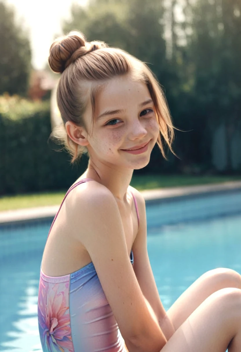 (Cinematic photo: 1.3) From (really: 1.3), (comfortable: 1.3) Beautiful 12 year old girl smilling and sitting near a swimming pool, she is wearing a swimsuit, (difficult messy bun of light brown hair), высокодеталFromированная текстура кожи, skinny shoulders, realistic texture кожи, looks straight into the camera, (looks at the viewer), pout, pastel, Shine, Dramatic, Dreamy, pastelный цветочный сад, Thin, skinny, gentle, Высокая деталFromация, difficult, digital painting, Fantasy theme,skinny , bare belly, Fantasy concept art , Fantasy Characters, Beautiful teenage girl, Perfect body, highly detailed full-length shot, Dreamy, pastel, watercolor, strange, gentle, highly detailed texture, realistic texture, digital painting, высокодеталFromированная фотография (art deco: 1.3), (ФотореалFromм: 1.3), (Классический реалFromм: 1.3), (Fujifilm Superia: 1.3), Natural, golden hour light, beautiful pool in a garden with flowers in the background


