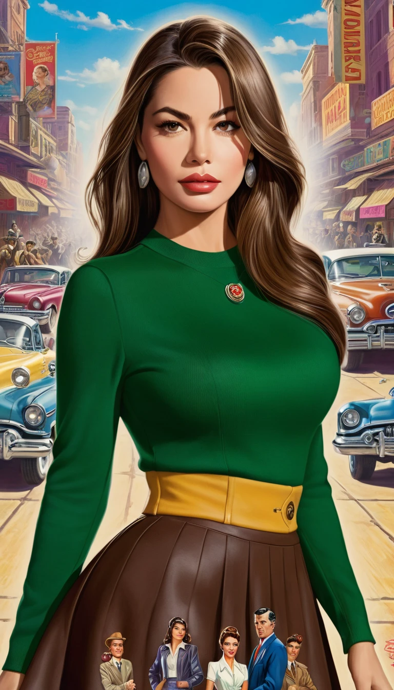 A woman in a skirt stands in front of a huge, author：Don Maitz, Portrait of Sofia Vergara, Propaganda Art, Attractive brown-haired woman, Retro Punk, The protagonist is in the foreground, Louis Ball (Louis Pohl) of inspiration, mechanical, Animated visual of a young woman, Compute shaders, Inspired by Donato Giancola, YouTube thumbnail, Chrome Art  