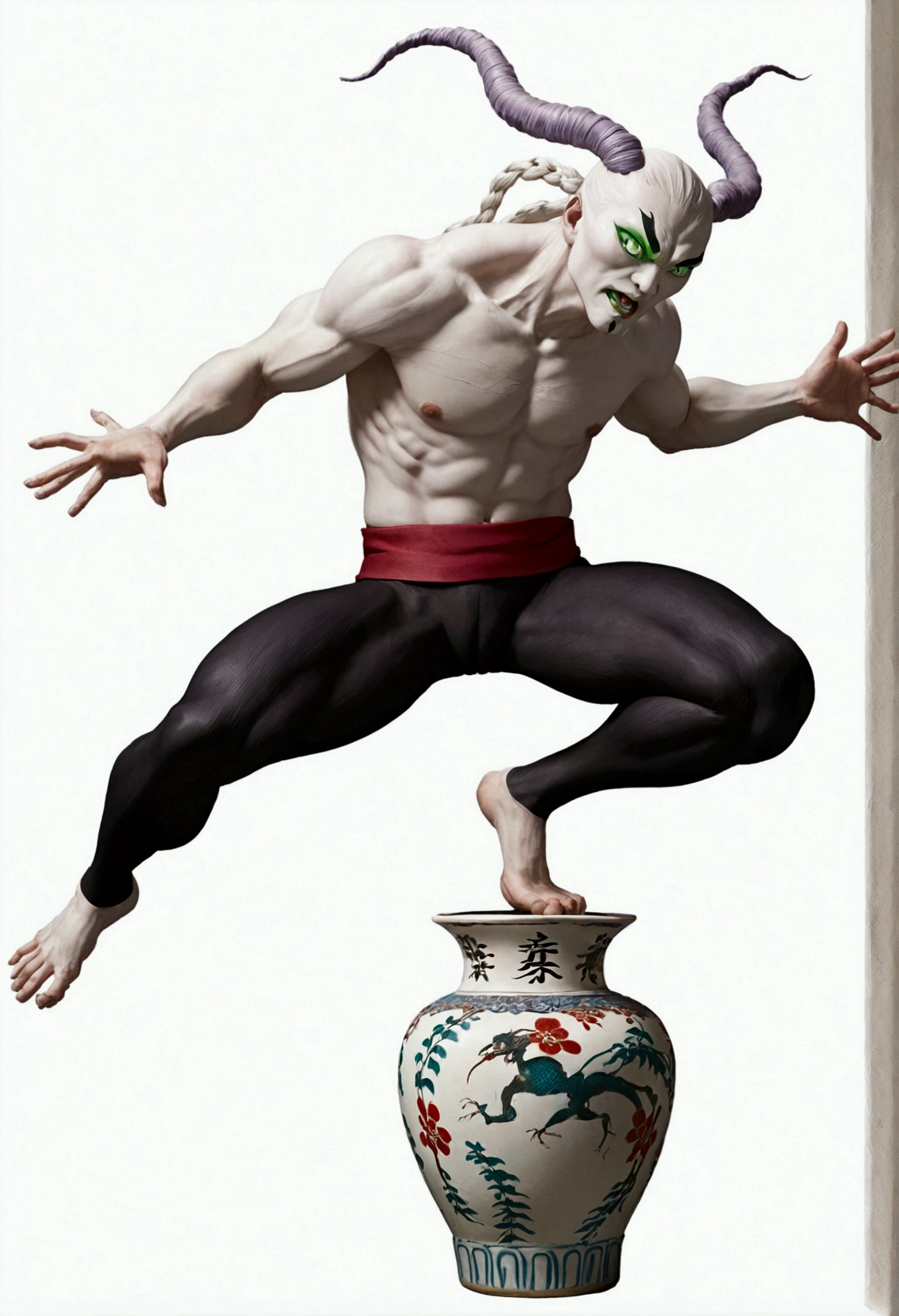 Gyokko is a monster with had a very bizarre and grotesque physiology, taking on the form of a pale white, abstracted, grotesque humanoid figure with a muscular upper torso that has no arms and resembles that of an armless statue growing from a porcelain vase, similar to a djinn. His midsection is a red-violet color while his lower-half, or his tail is black. He had multiple infant-like hands that line along his head and back which he can retract at will. He also possessed thin fins on the top and back of his head that were akin to hair, which were of a blended hue of purple and blue-violet color and shaped in the style of cornrows and a ponytail.

Gyokko's face was even more distorted, with large green-lipped mouths located where one would expect his eyes sockets to be located, which always displayed his hyperrealistic teeth. His actual eyes were located vertically from one another on his face; one eye appeared in the constantly open bottom mouth and the other was seated at the center of his forehead. The kanji for Upper Rank (first quarter) was engraved on his forehead's eye and the daiji for Five (five) was engraved on his mouth's eye. [on his face instead of his eyes are two mouths. In the middle of his forehead is a vertical eye and instead of his mouth is an eye] [on his face instead of his eyes are two mouths. In the middle of his forehead is a vertical eye and instead of his mouth is an eye] [on his face instead of his eyes are two mouths. In the middle of his forehead is a vertical eye and instead of his mouth is an eye]