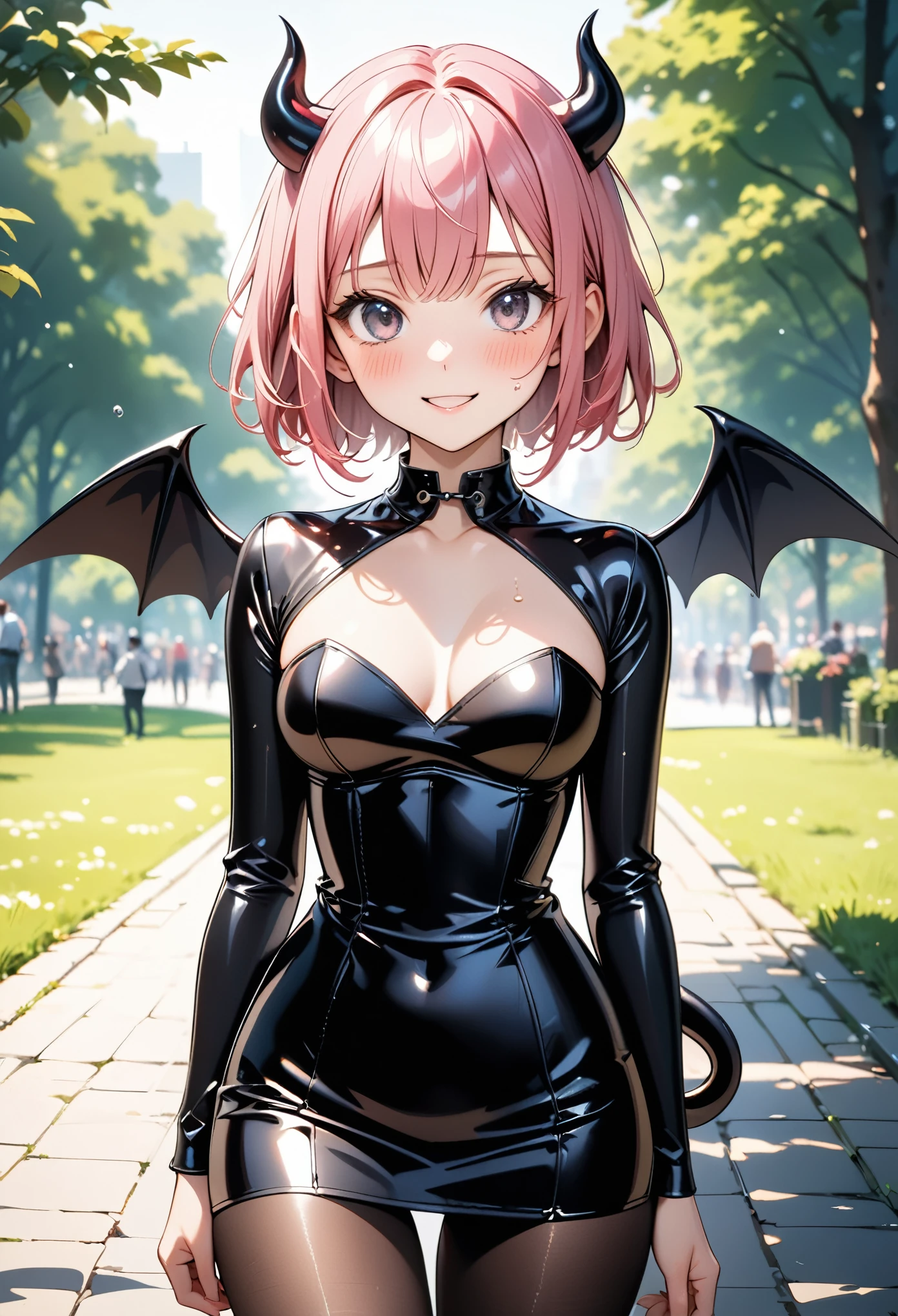 (((little devil costume), (black Devil wings), (black devil tail), (latex skirt), (pantyhose), corset costume)), skinny, solo, 1 woman, Masterpiece, highest quality, highest quality, 16K, incredibly absurd, highly detailed, 2.5D, ai-generated, delicate and dynamic, very delicate facial expressions, delicate eye depiction, erotic, only sexy woman, ((A cute and kind face)), healthy figure, ((25-year-old woman)), 160cm tall, medium firm swaying bust, (short hair), (pink hair:1.5), bob cut, black eye, blush, Sweat,Embarrassed,sexy, ((thin thighs)), (Erect nipples,:0.5), shiny and lustrous, facing straight at viewer, smile, ((Oily_skin)), (standing), cowboy shot, ((arm at side)), A city park in midsummer,