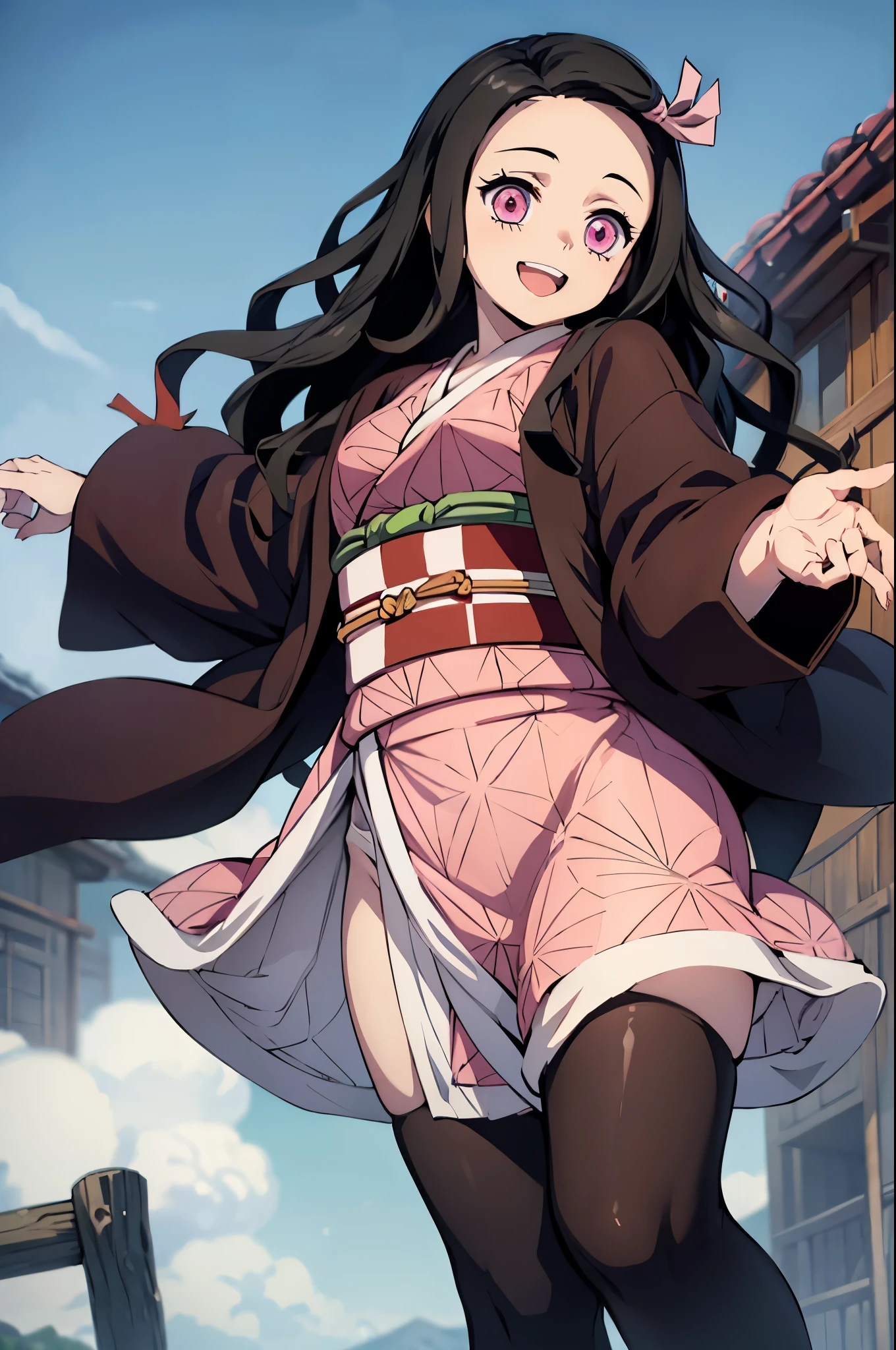 (masterpiece:1.3), (best quality:1.1), (8k, ultra detailed, ultra high res:1.2), ((anime style)), detail perfect 5 fingers, perfect anatomy, 
1girl,
Kamado Nezuko, 
BREAK long hair, wavy hair, forehead
black hair, 
pink eyes, 
ribbon, 
small breasts,  
BREAK japanese clothes, pink kimono, brown haori, obi, 
smile, (dynamic pose:1.2), (jumping:1.2), 
looking at viewer, 
cowboy shot, 
BREAK age of Edo, city, village, outdoor,   