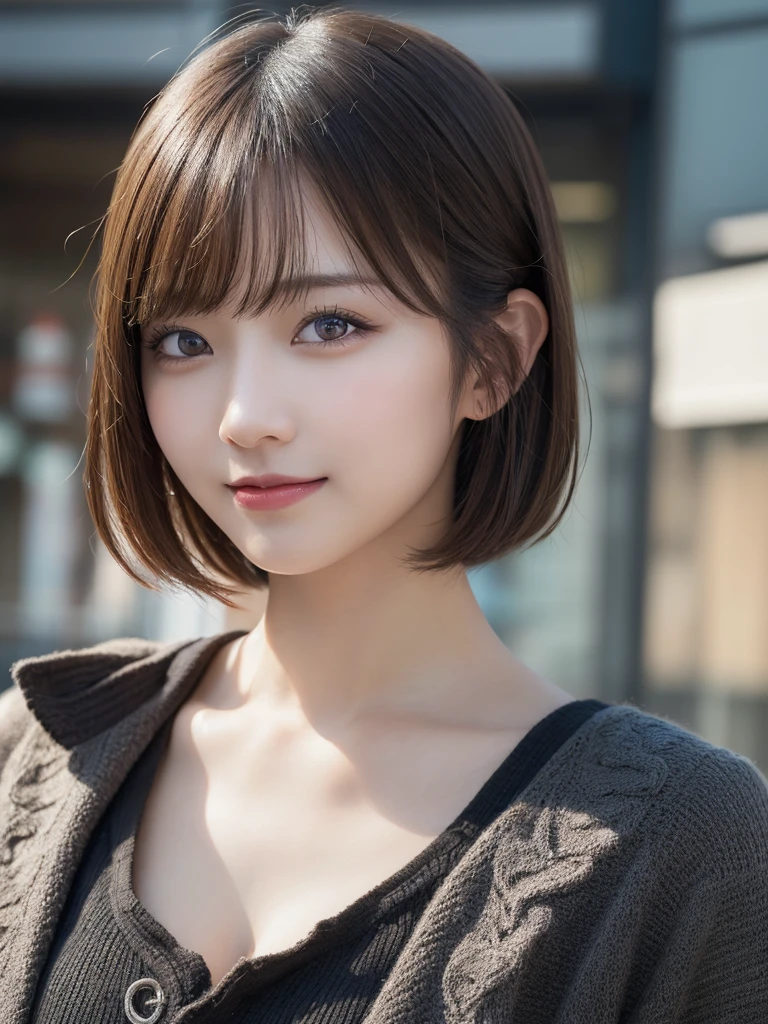 masterpiece, best quality, illustration, ultra-detailed, finely detailed, high resolution, 8K wallpaper, perfect dynamic composition, beautiful detailed eyes, Shibuya, edgy fashion, short hair, fierce expression, cute, smile, looking at camera