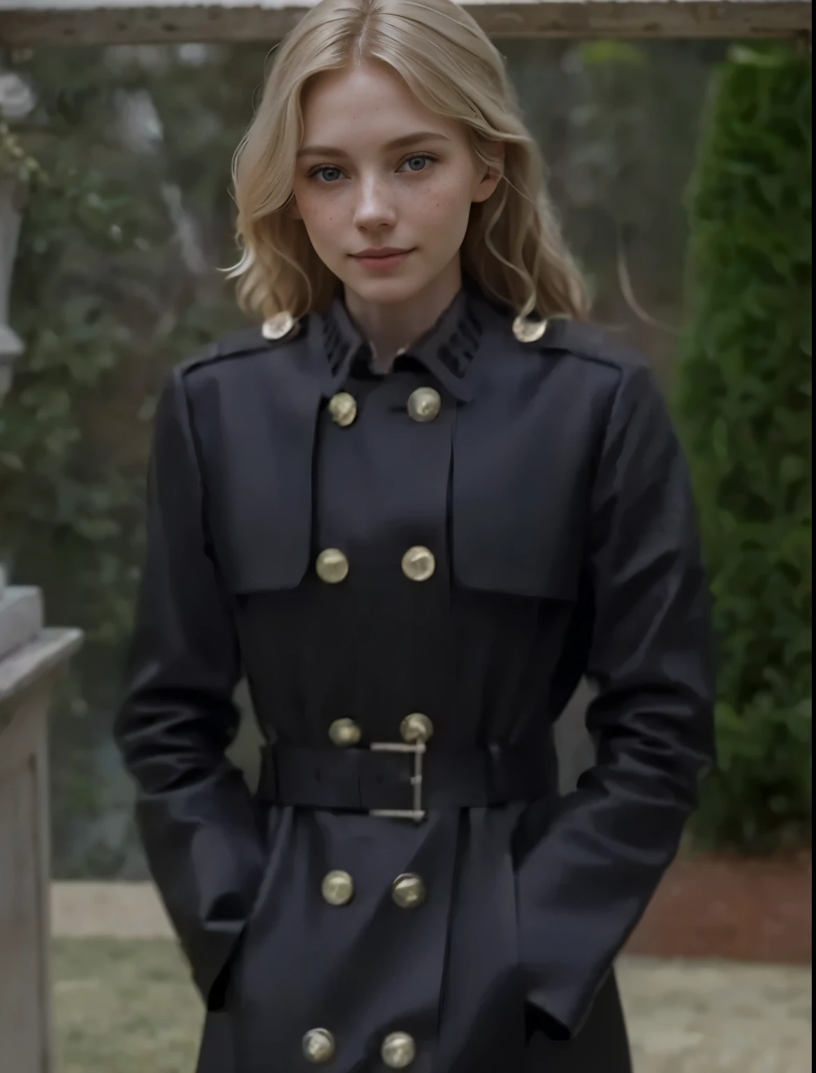 a one woman, americana, age 25, pale skin and freckles, grey-eyed, delicate nose, soft and delicate lips, distant, distant, wavy, waist-length blonde hair, Sweet smile, face with delicate feminine facial features, Highly Rendering, golden bracelet