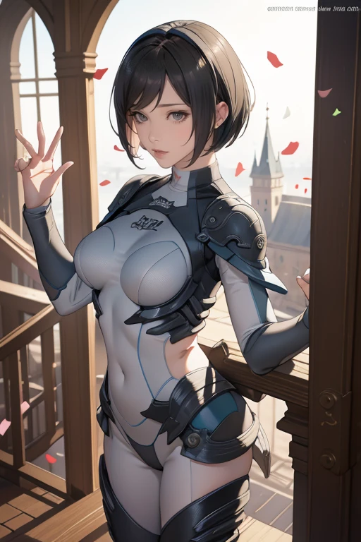 Highest quality, Official Art, masterpiece, Fabric Shading, High resolution, Very detailed, colorful, Best details, Fantasy, suit, Song Joo A:1.5, 1 female, Age 25, Standing on the stairs,Pub with castle view, Many Stars々Shining night,short hair, bob cut, black hair,  {Surrounded by a lot of people:1.9}, Confetti falling、Blessed、Welcomed:1.5, whole body:1.6