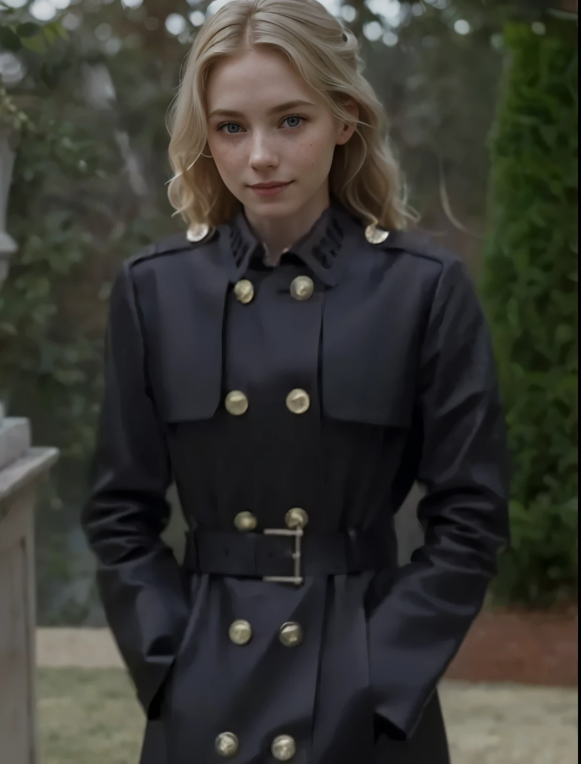 a one woman, americana, age 25, pale skin and freckles, grey-eyed, delicate nose, soft and delicate lips, distant, distant, wavy, waist-length blonde hair, Sweet smile, face with delicate feminine facial features, Highly Rendering, golden bracelet