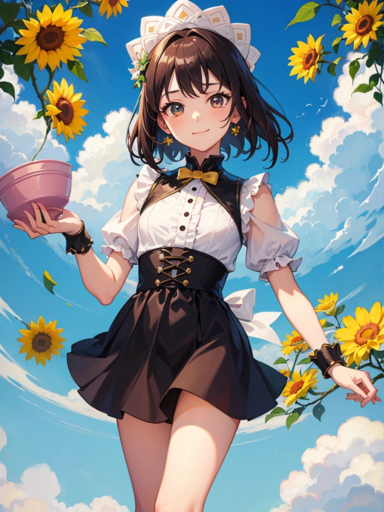 masterpiece, Highest quality, One girl, Podenko, a flowerpot, A small smile, Multicolored background, flower, Dynamic Color,