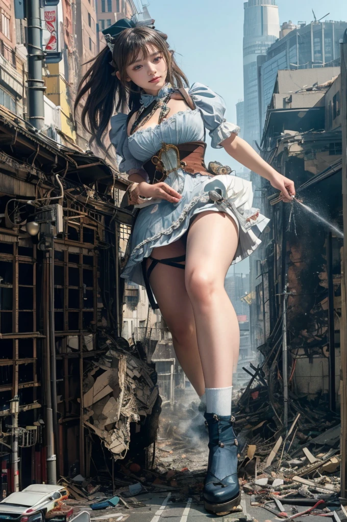 Walking happily、Fisheye Lens、looking at the camera、steampunk、Standing on top of a ruined building、Big building explosion、The building collapses、Urban hustle and bustle、Traffic jam、City of Rubble、street tree、Car and bus、truck、taxi、City boulevard、Pedestrian bridge、Streetcar route((((Azur Lane Cheshire Cosplay))))、((((Frilled maid outfit))))、(((Super huge breasts)))、((Plump thighs))、Ground View,City of Giants,500 foot tall giant girl,skyscraper,Step into the crowd,There are many people on the street,Knee-high socks,A happy look,Standing on the ruins,Beautiful appearance,Exquisite makeup,quality,8k,高quality,Perfect Proportions, Cinema Lighting,Film Grain,The Colors of Fuji,8k,Textured skin,Super Detail,High detail,high quality,High resolution,explode,False Smile、Reaching out