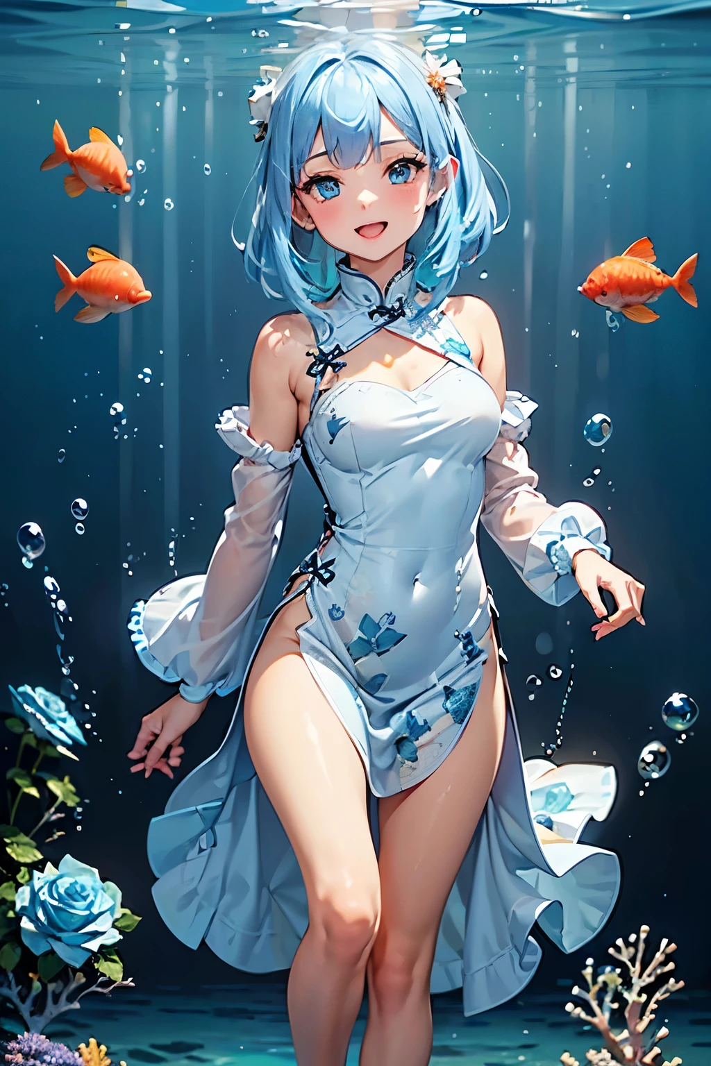 best quality, (masterpiece:1.3), absurdres, highres,16k, ultra high res, official art, illustration,extremely detailed, 1girl, solo, full body, 20yo, 
delicate lines tailed face, (medium hair:1.9), (side swept bangs:1.7), (beautiful (aquamarine blue) hair:1.2), (shiny hair:1.2), (beautiful (light-purple) eyes:1.2), (shiny eyes:1.2), (medium breasts), (gleaming skin:1.4),
standing, laugh with open mouth,
((blue china dress), (white rose printed china dress) long sleeve, side slit:1.2)
(under sea:1.5), (bubble:1.5), (fish, coral:1.5), (sunlight in:1.5)